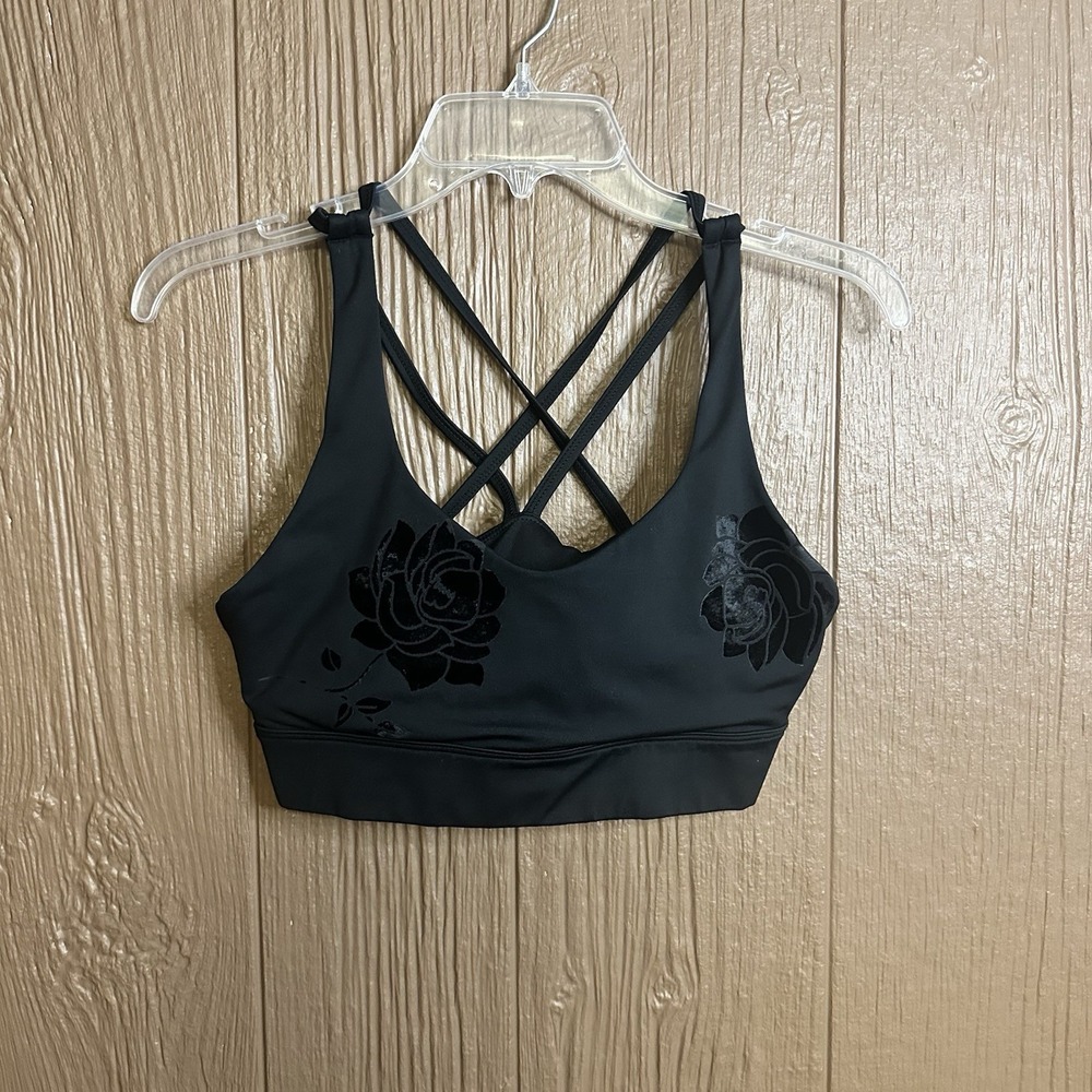 Zyia Sz L Black Velvet Floral Light n Tight Strappy Bra Medium Support Athletic